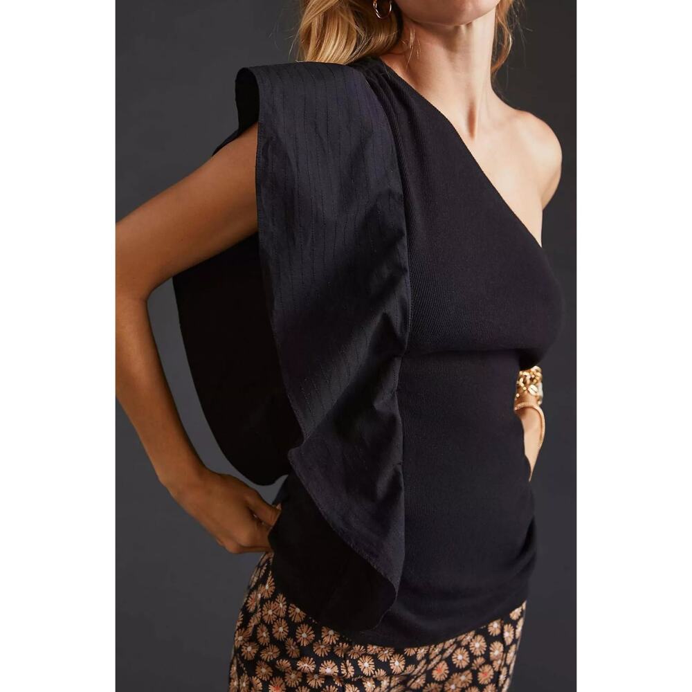 NWT Anthro Black One Shoulder Top Women's Sz Small Ruffle Detail Ruching Accent